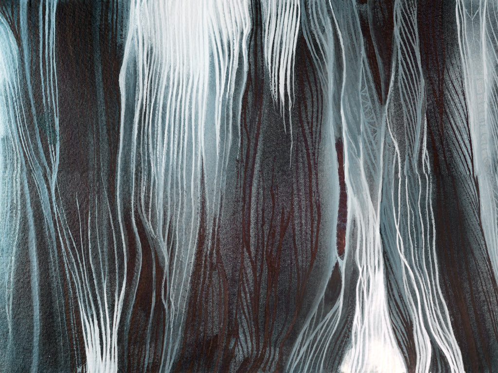 Lanterns of Hekate abstract watercolor painting, 16 x 20", by Harold Roth, copyright 2024. witch goddess paintings, goddess art, spiritual art, biomorphism, hekate paintings, dark paintings, dark art, cemetery goddess, black art, abstract paintings