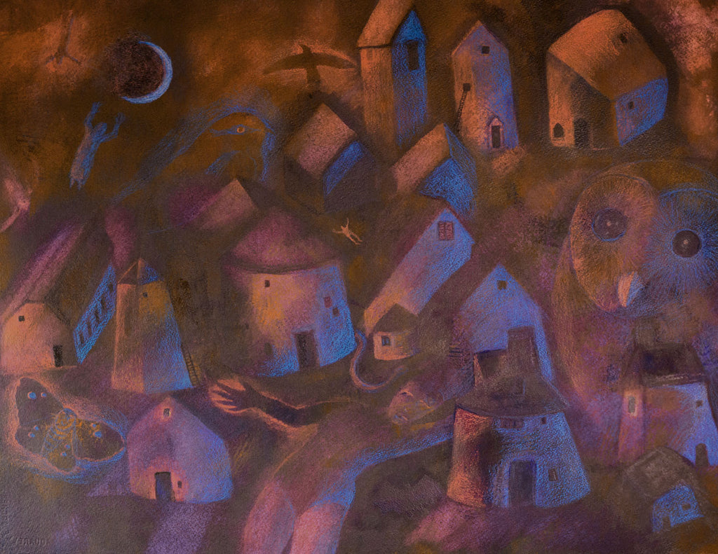 Nightflyers Mixed Media landscape painting by Harold Roth copyright 2024. Painting of a dark town of weird houses with birds, spirits, owls, witches, and spirits in the air.