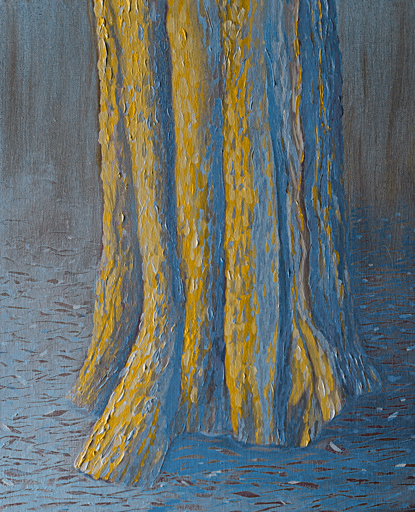 October Sun on Cypress Oil Painting by Harold Roth, 2024. landscape painting, paintings of trees, blue and gold paintings, tree bark, cypress painting, impressionist paintings