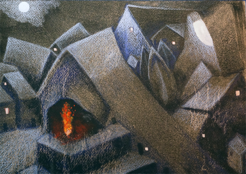 Sacred Fire Surreal Landscape Painting by Harold Roth. 9 x 12" in watercolor, gouache, and colored pencil. A spirit watches over the village, but it's the people who keep the sacred fire burning. There are always some night owls up late, reading, working, painting, playing a quiet violin, making magic, or just listening to the still of the night.