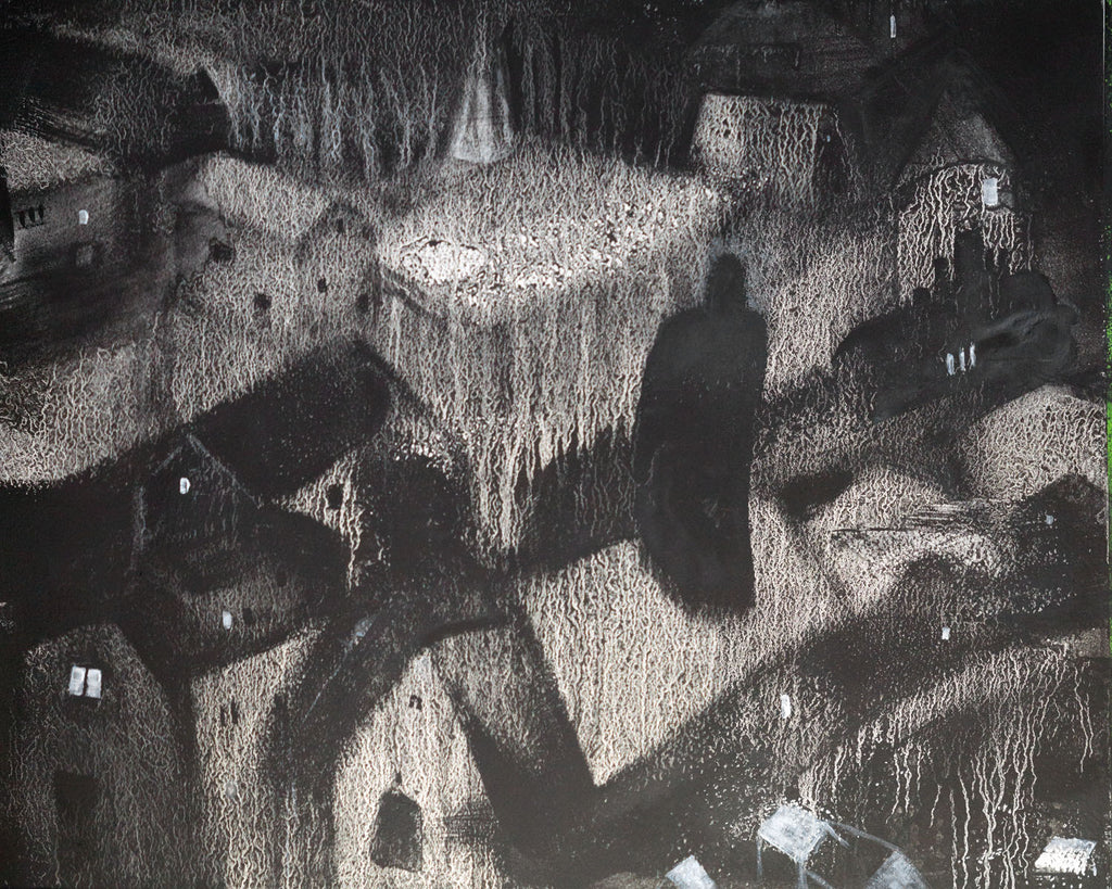 The Wanderer Watercolor Landscape Painting by Harold Roth copyright 2024. weird art, night painting, dark surrealism, esoteric art, occult art, ethereal art, macabre art, dreamscapes, imaginary landscape, moody art, surreal landscapes, atmospheric art, gloomy art, dark aesthetics, beautiful darkness, dark landscapes, dark mood, nocturne paintings, moody nature, forgotten places, invented towns, dark worlds, dark watercolors, dark paintings 