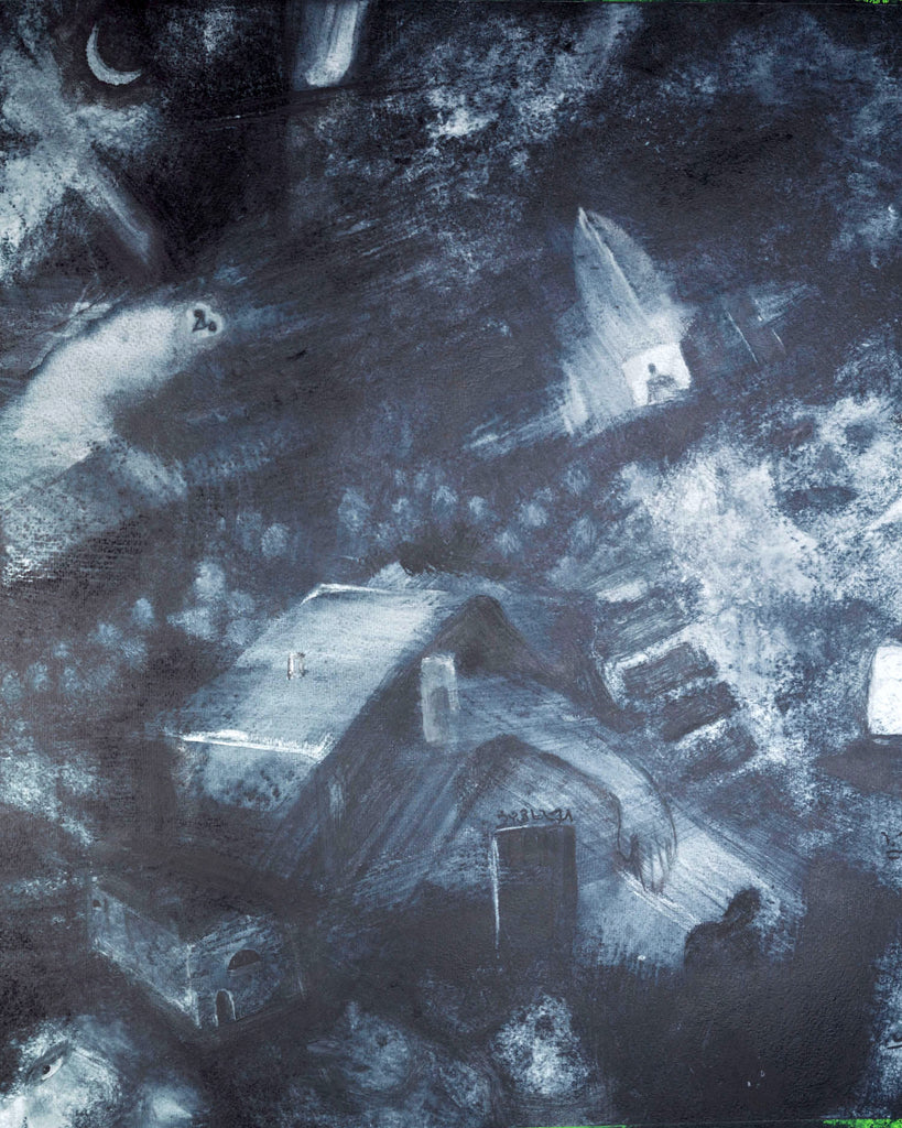 When I Left mixed media landscape painting by Harold Roth copyright 2024.  weird art, night painting, dark surrealism, esoteric art, occult art, ethereal art, macabre art, dreamscape, imaginary landscape, moody art, surreal landscapes, atmospheric art, gloomy art, dark aesthetics, beautiful darkness, dark landscape, dark mood, nocturne painting, moody nature, forgotten places, invented towns, dark worlds, dark watercolor, dark paintings 