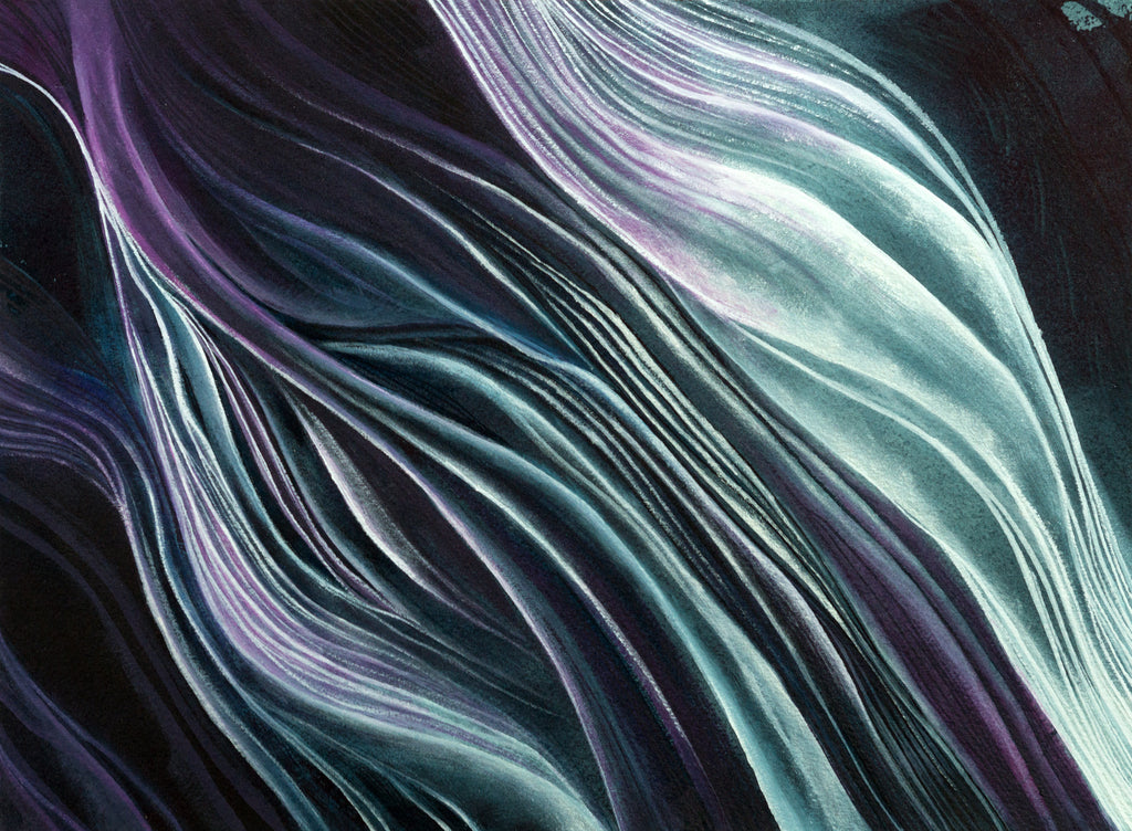 Blooming Abstract Watercolor Painting by Harold Roth; white and purple biomorphic forms depict energy of growth against a black background