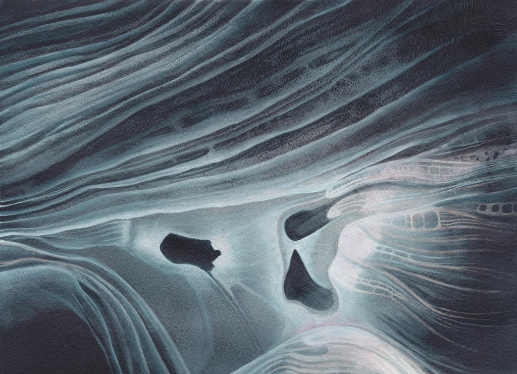 Dark Angel Abstract Watercolor Painting by Harold Roth; white biomorphic shapes and curves of energy against a black background. spirits, spiritual landscape, satanic art,  mystical art,  esoteric art,  dark art,  angels, dark  angels 